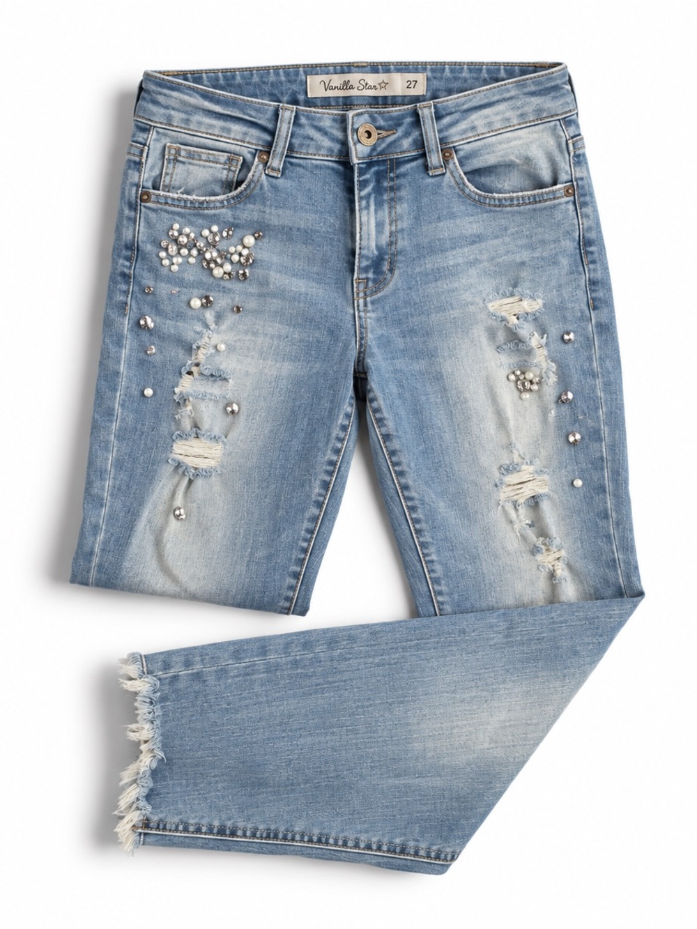Vanilla Star‎ Mid Rise Skinny Jeans Blue Size 27 Embellished Ripped Juniors